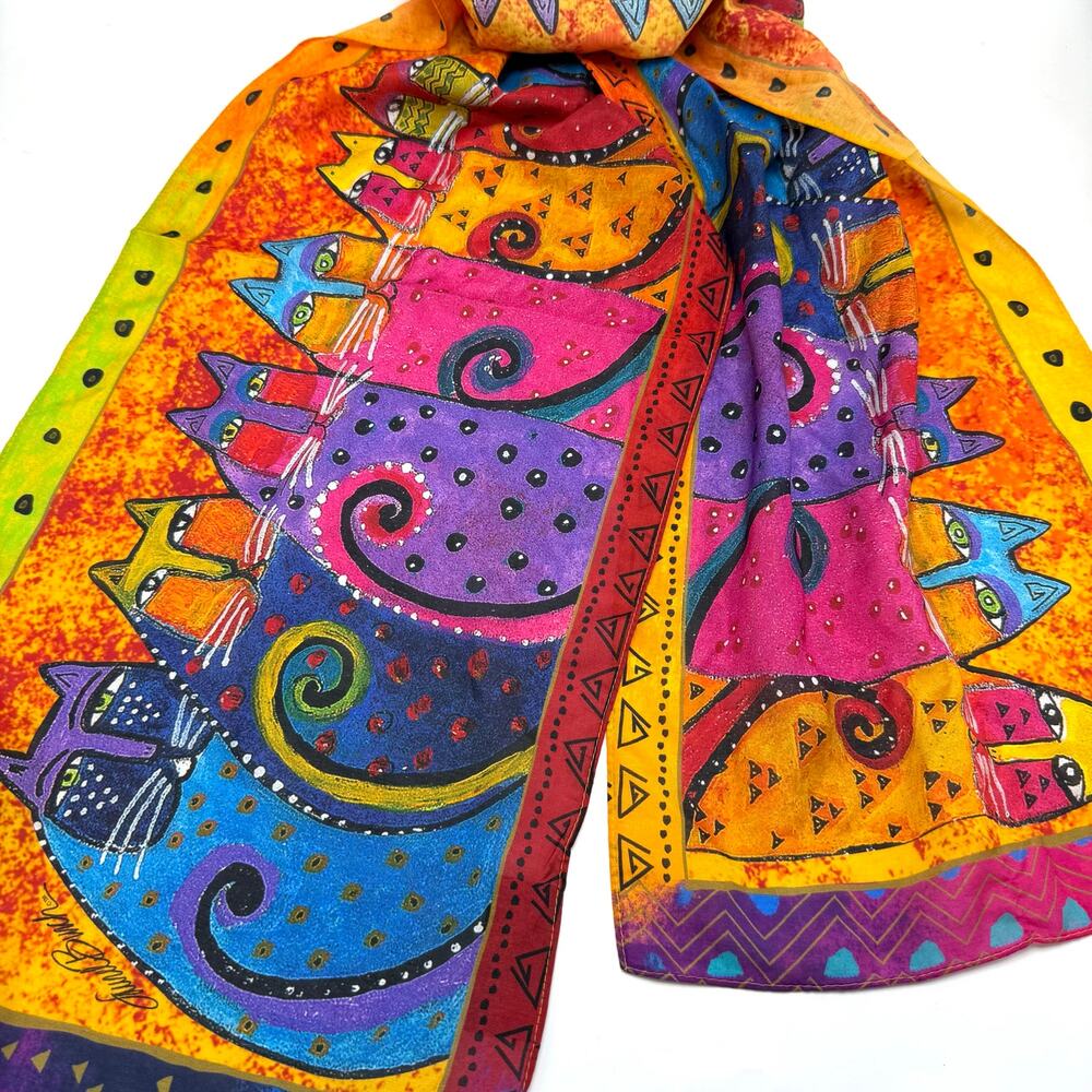 Laurel Burch Multicolor Rainbow Cats Silk Blend Scarf 11x56 Abstract Kittens